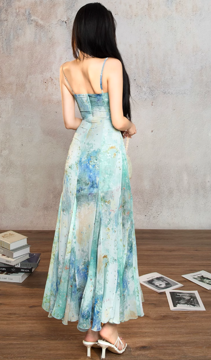 Charming Spaghetti Straps Smudge Dyed Print Mermaid Prom Dress Long Evening Dress YM1992