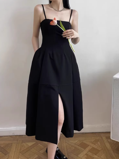 Black retro slit suspender black a line party prom dress YM1954