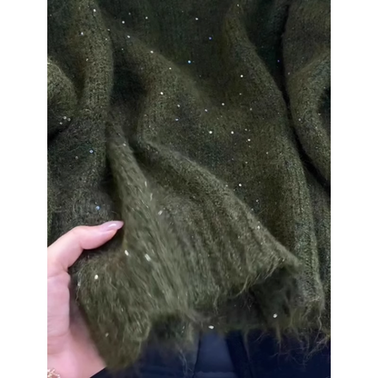 Stunning Dark Green Sequined V-neck Mohair Sweater YM1857