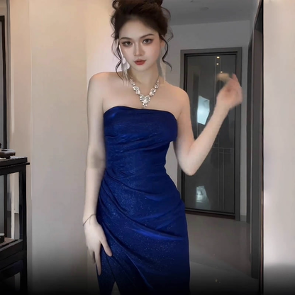 Sparkly Blue Strapless High Slit Long Party Dress Birthday Dress YM2207