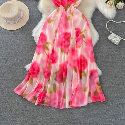 A-line printed chiffon suspender dress seaside vacation summer dress YM944