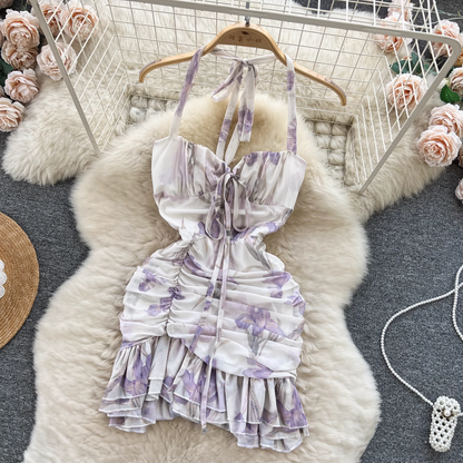 Short irregular printed ruffled chiffon holiday dress YM1182