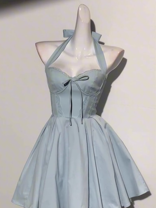 Blue Halter Neck A Line Short Birthday Dress Homecoming Dress YM2070