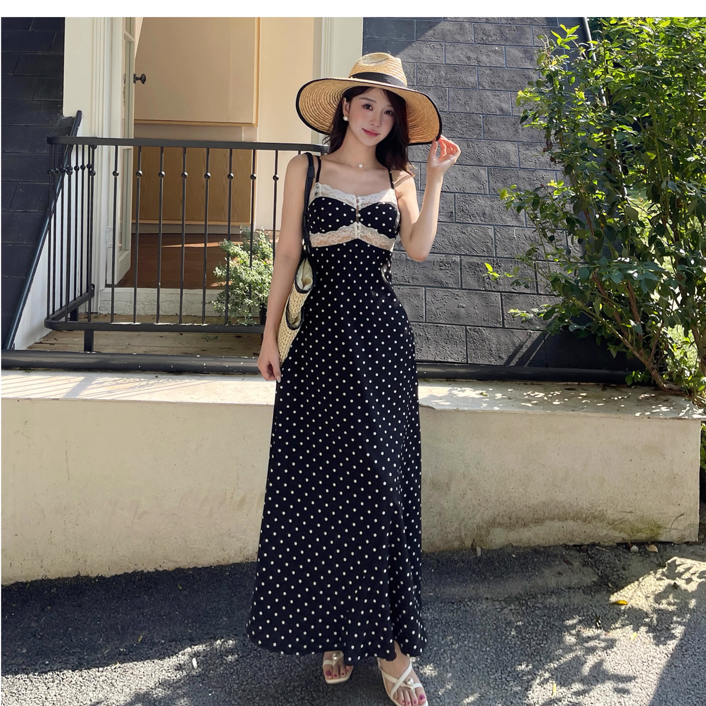 Cute Spaghetti Strap Lace Polka Dot Long Holiday Dress Vacation Dress YM2215