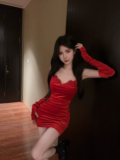 Red Sexy Strapless Short Holiday Dress Velvet Lace Suspender Mini Birthday Dress YM2342