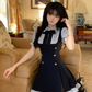 Preppy Style Fake Two-Piece Navy Blue Puff Sleeve Suspender Waist Party Dress YM2039