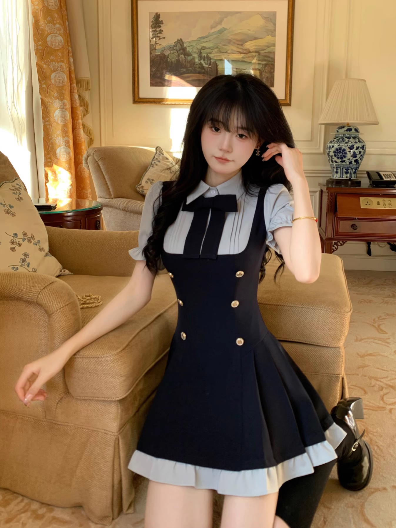 Preppy Style Fake Two-Piece Navy Blue Puff Sleeve Suspender Waist Party Dress YM2039