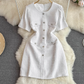 Chic round neck metal single-breasted button waist slimming tweed A-line dress , YM243