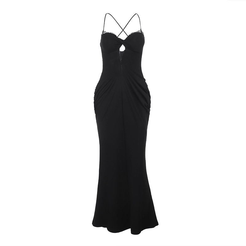 Black V-Neck Suspender Dress Sexy Hollow Lace Sheath Long Holiday Dress YM2256