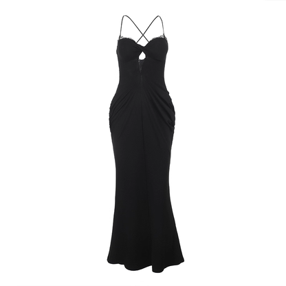 Black V-Neck Suspender Dress Sexy Hollow Lace Sheath Long Holiday Dress YM2256