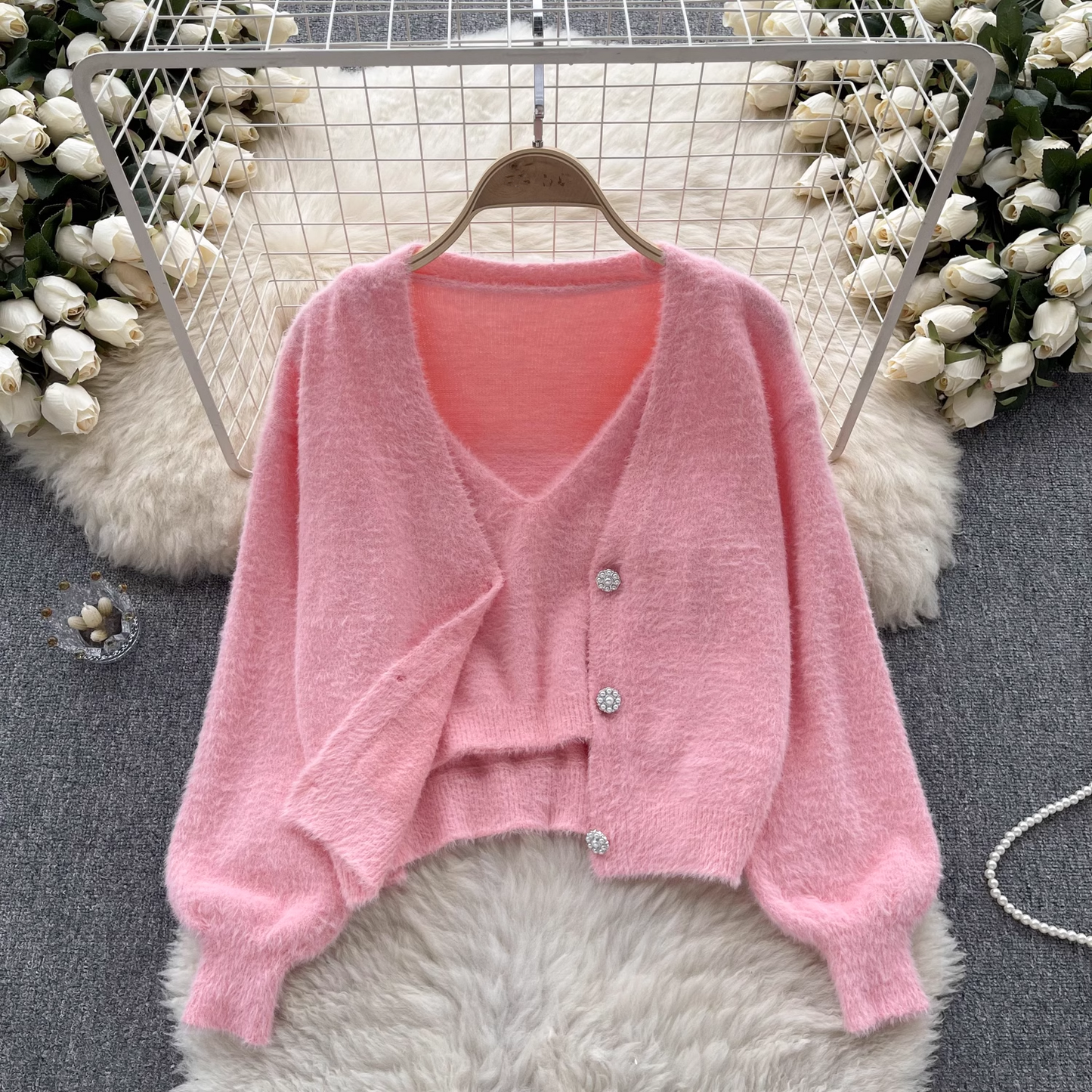Fashion plush suit autumn and winter camisole + cardigan jacket sweater suit YM538