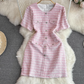 Chic round neck metal single-breasted button waist slimming tweed A-line dress , YM243