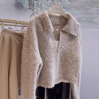Lapel sweater women's short zipper knitted cardigan YM1888