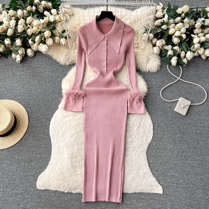 Women's autumn and winter lapel feather tight knitted dress YM499