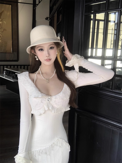 Round neck long sleeve dress women's new style floral lace slim fishtail skirt YM1937