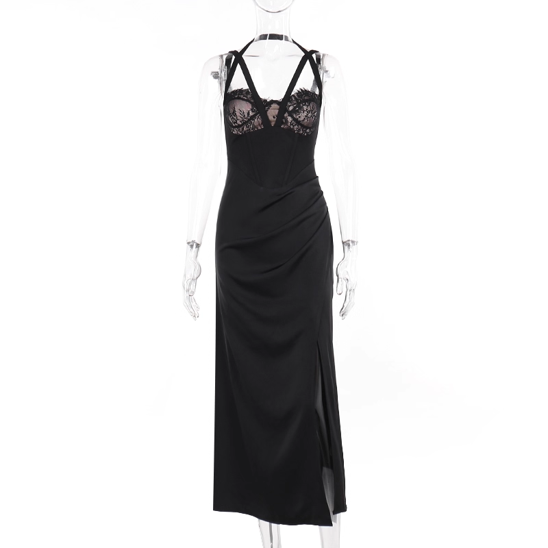 Black Sexy Lace Stitching Suspender Holiday Dress Long Birthday Dress YM2228