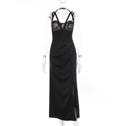 Black Sexy Lace Stitching Suspender Holiday Dress Long Birthday Dress YM2228