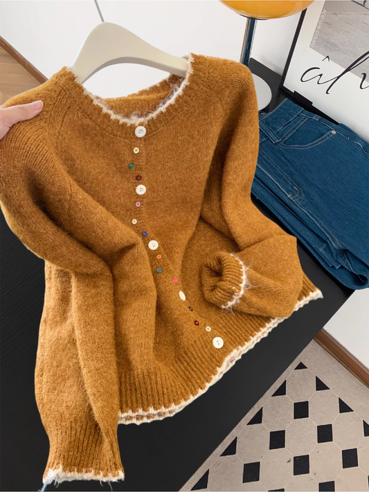 Retro-style Colorful Button Sweater Cardigan With Color Blocking YM2402