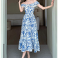 Women's summer blue oil painting floral dress YM1159