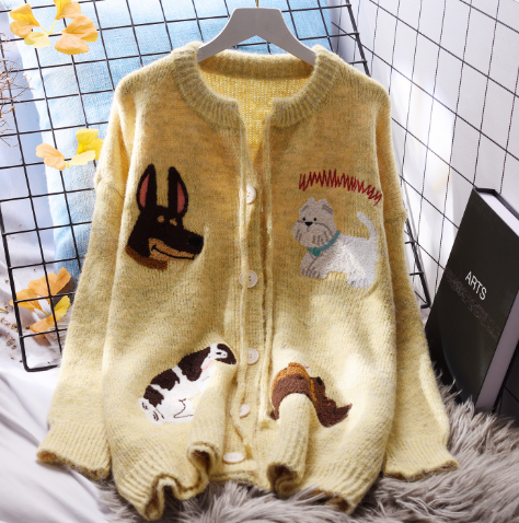 Yellow Round Neck Small Fresh Sweater Cardigan Loose Autumn New Knitted Sweater YM2353