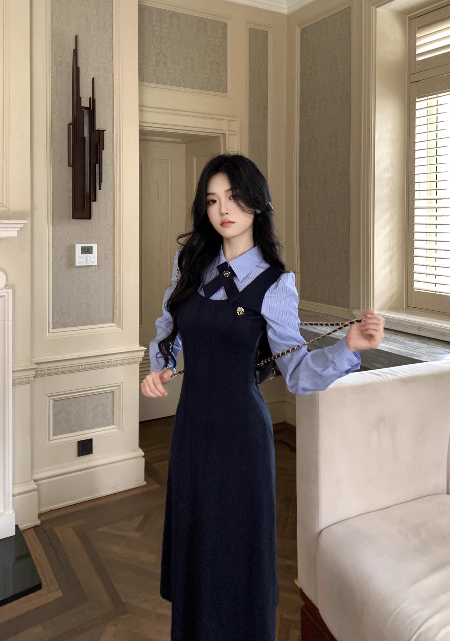College Style Striped Shirt Fake Two Piece Dress Women's New YM2034