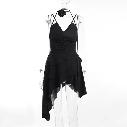 Sexy V Neck Black Ruffle Short Birthday Dress Mini Party Dress YM2264