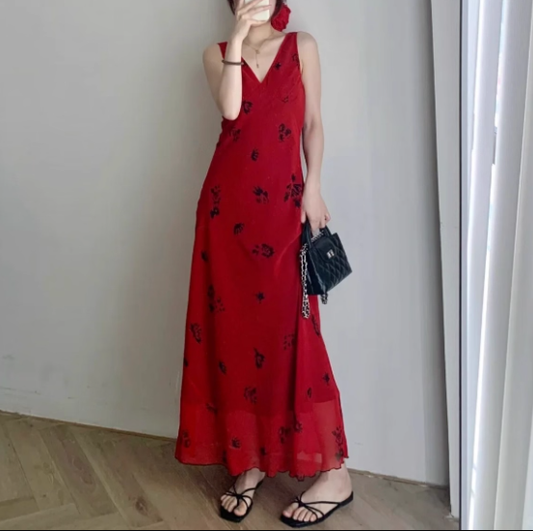 Retro Red V-neck Suspender Women Dress Long Holiday Dress YM2328
