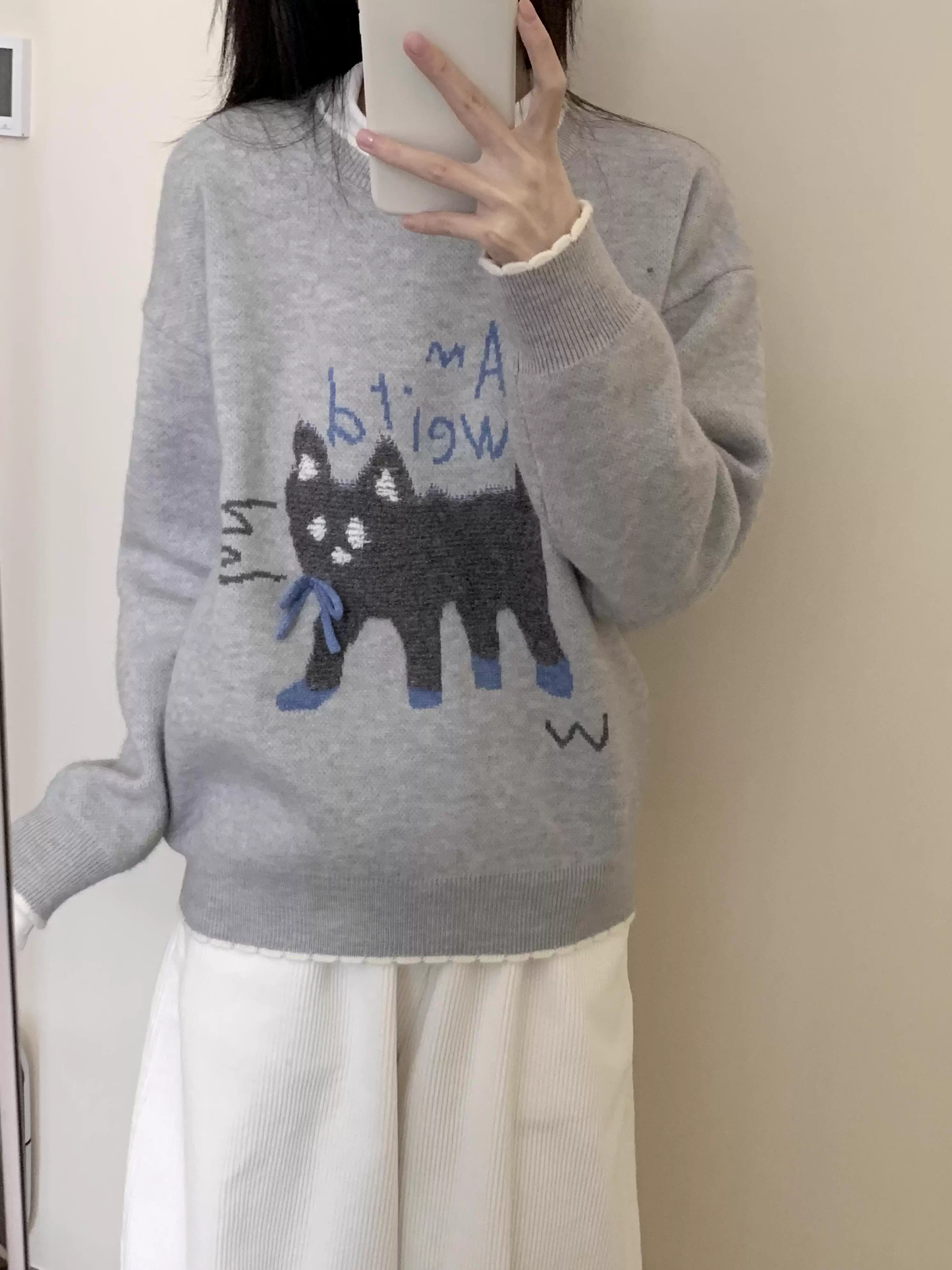 Cute Kitten Jacquard Pullover Knit Sweater, Grey Autumn/Winter Sweater YM2405