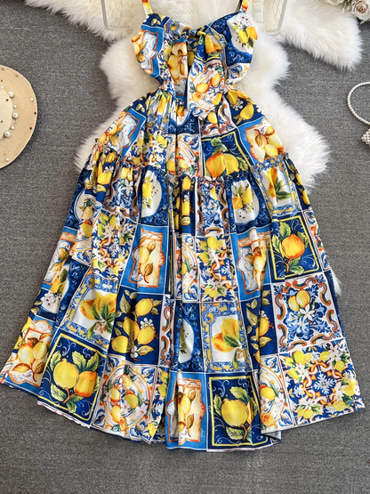 Mid-length a-line lemon print suspender dress seaside vacation long dress YM885