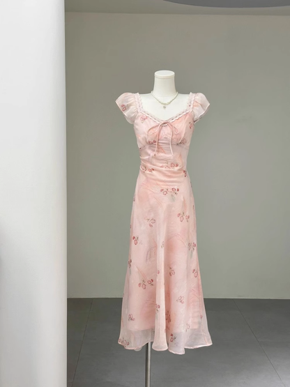 French V-Neck Pink Small Flying Sleeve Floral Dress YM2071