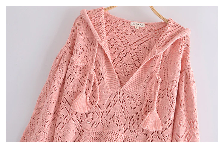 Hollow out design Pink Knitted Hooded Sweater, YM257
