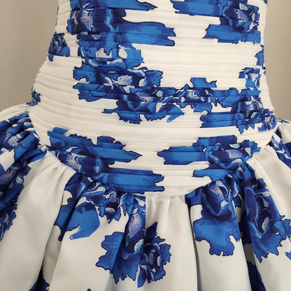 Blue Printed Floral Strapless Mini Party Dress Birthday Outfits YM2100