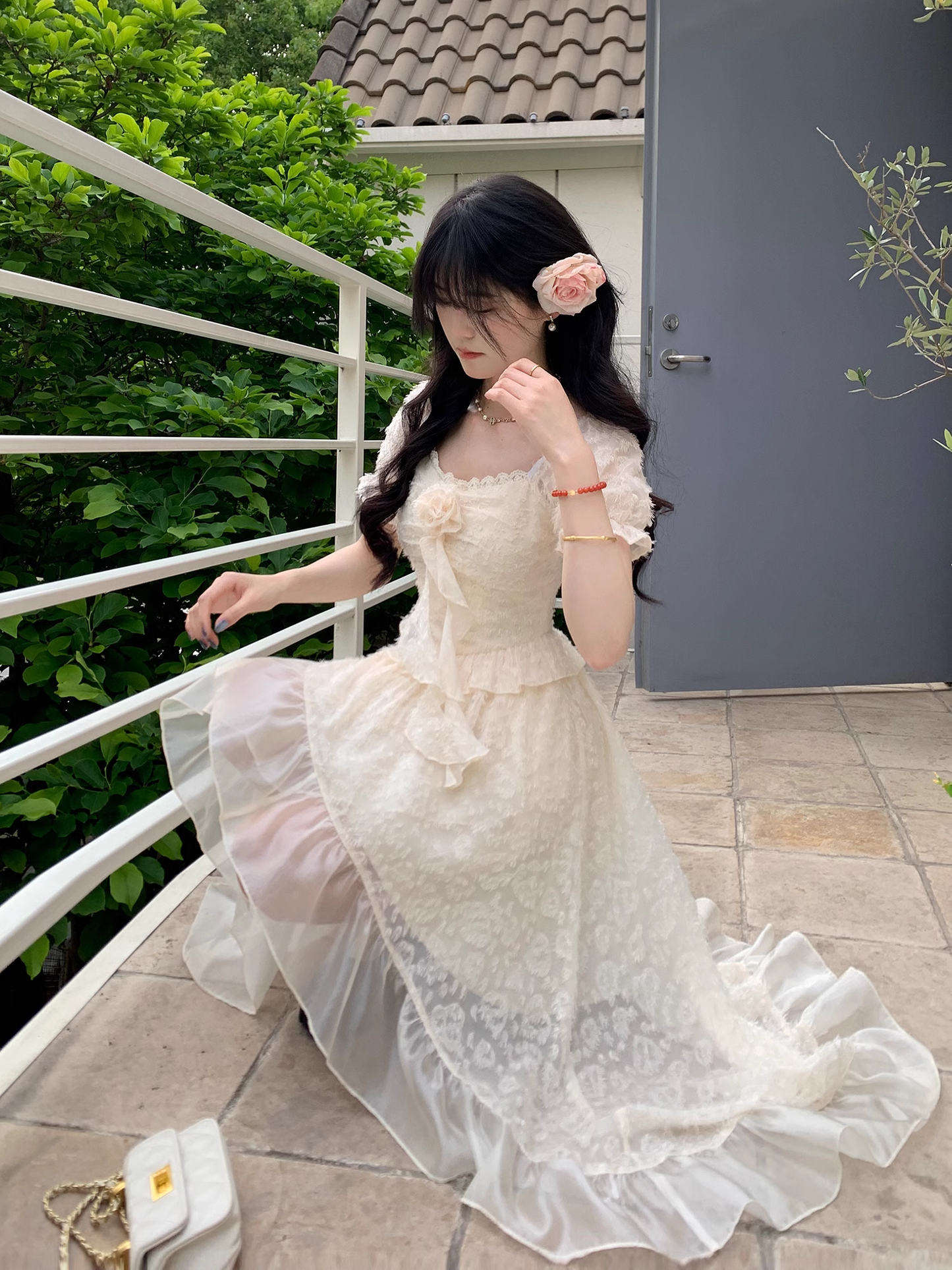 Classy Apricot Tulle Flower Ruffles Long Prom Dress Party Dress YM2051