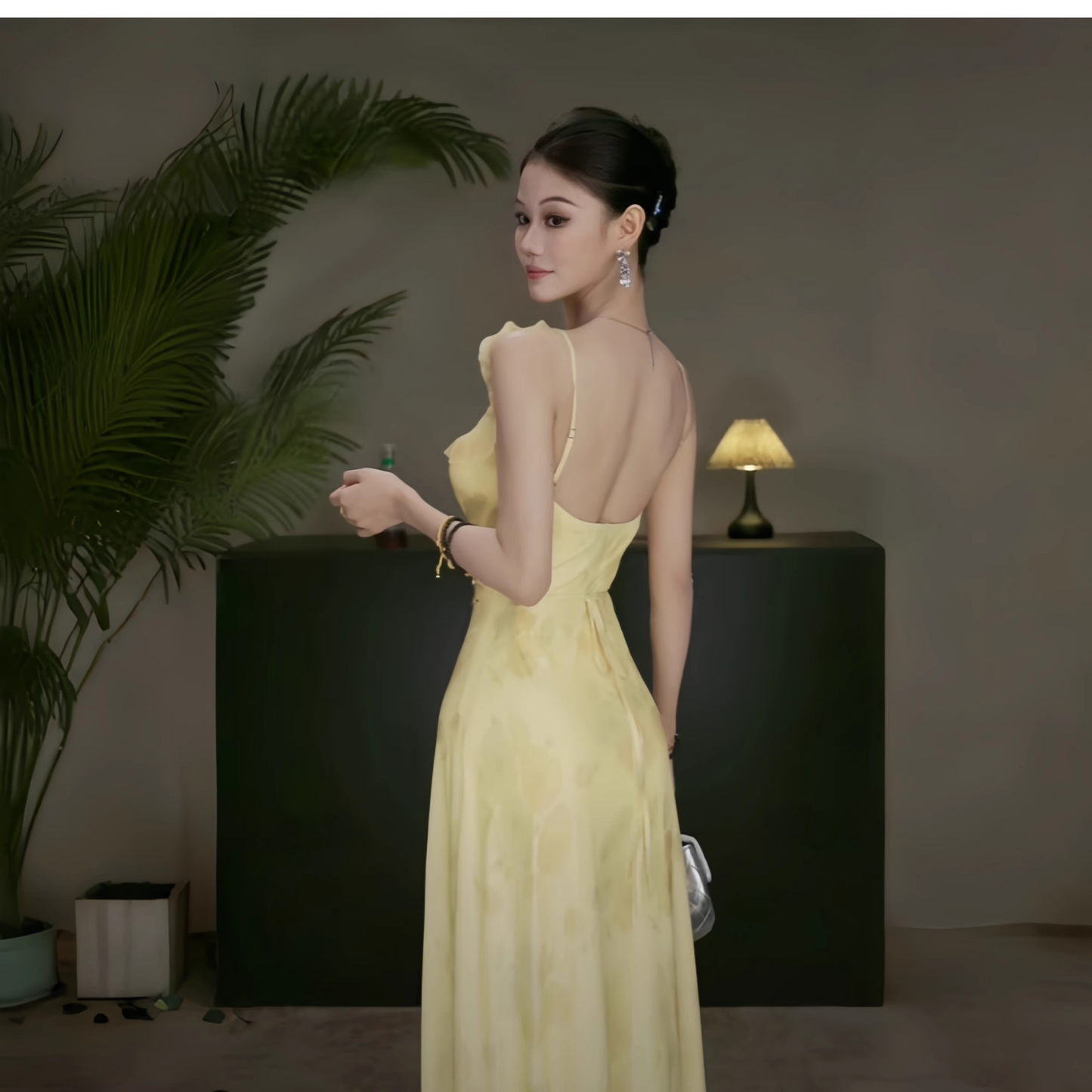 Elegant Yellow Ruffled Printed Women Dress Sheath Long Holiday Dress For Seaside YM2226