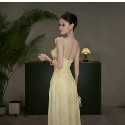 Elegant Yellow Ruffled Printed Women Dress Sheath Long Holiday Dress For Seaside YM2226