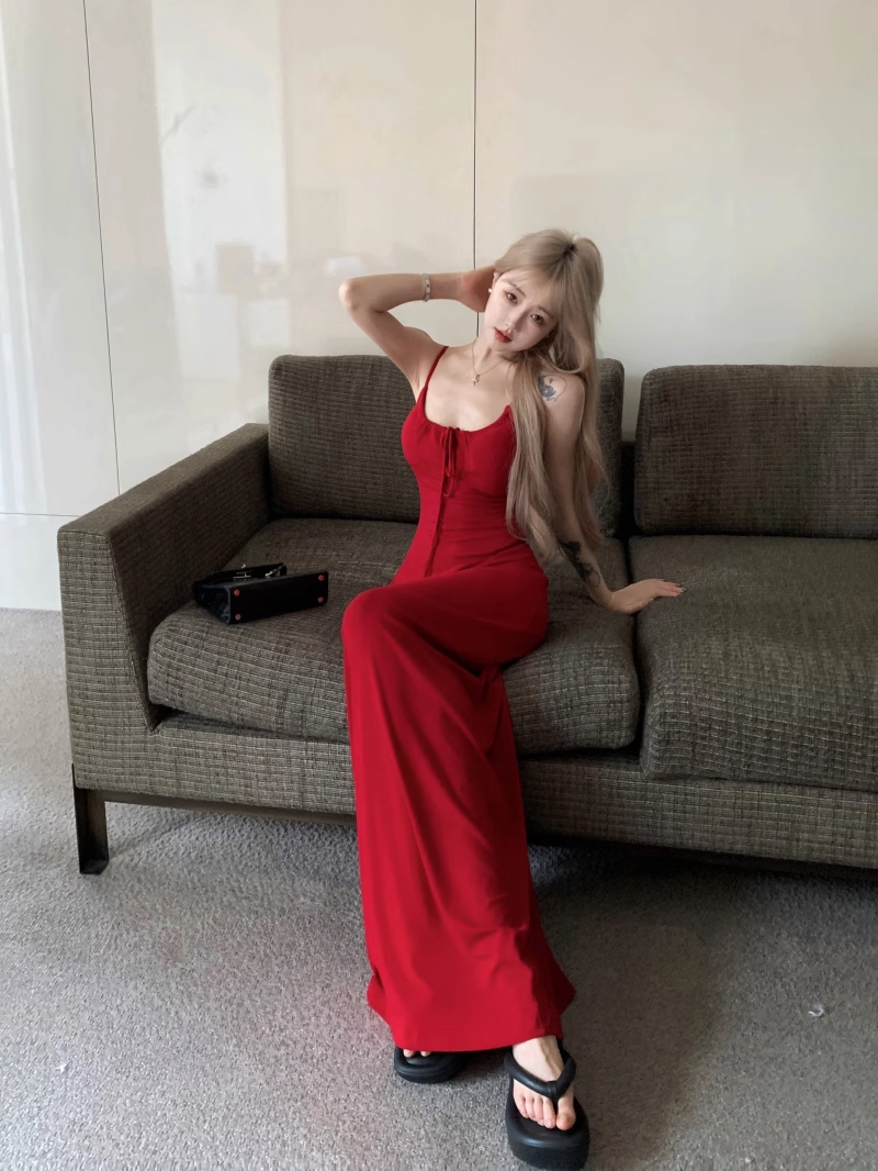 Sexy Straps Red Sheath Long Party Dress Birthday Outfits YM1825