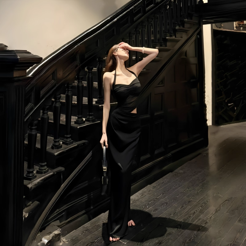 Black Halter Holiday Dress Sexy Sheath Long Vacation Dress YM2271
