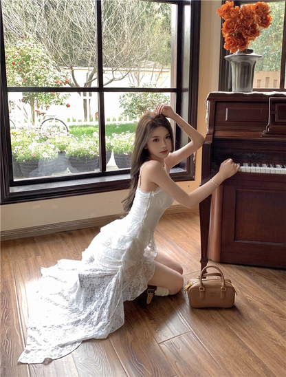 French Lace V-neck Suspender Dress Summer Vacation Dress Irregular White Long Holiday Dress YM2111