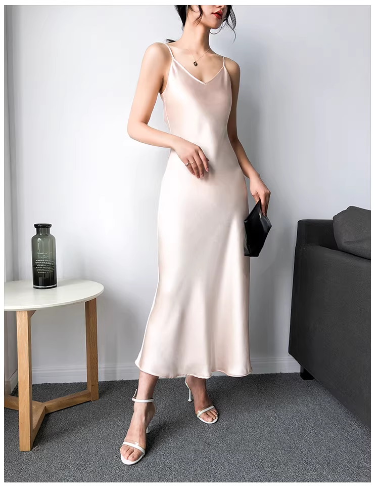 Fashion Spaghetti Straps V Neck Navy Blue Satin Mermaid Long Birthday Party Dress YM2432