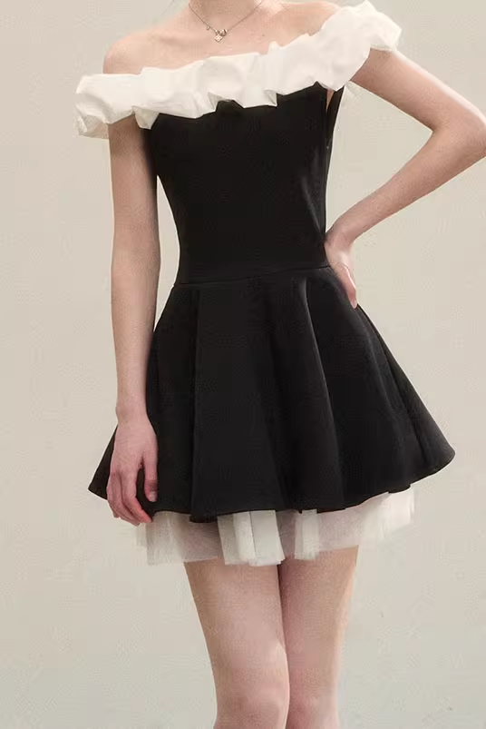 Classy Off The Shoulder ALine Short Dress Black Holiday Dress  YM2164