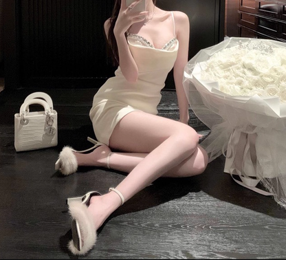 Sexy Straps Birthday Dress Off White Satin Beaded Short Party Dress YM2187