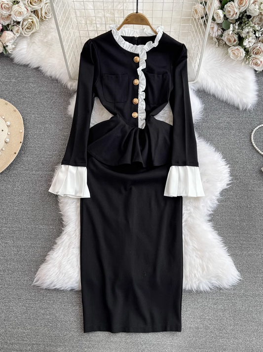Flared long-sleeve stand-up collar waist bodycon dress  YM991