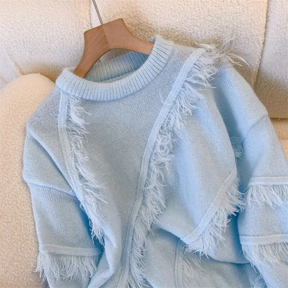 Tassel O-neck Blue Sweater New Women's Fashion Pure Color Pullover Sweater YM1935