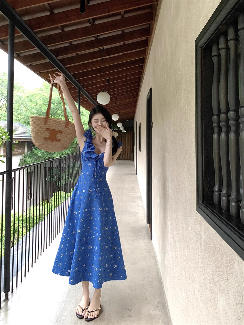 Blue Floral V Neak A Line Party Dress YM1834