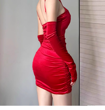 Sexy Red Spaghetti Strap Velvet Sheath Cocktail Dress Birthday Outfits YM2195