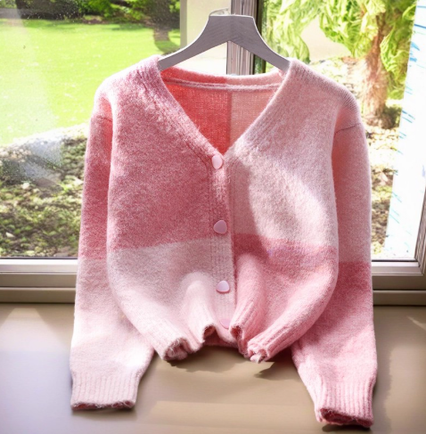 Pink V-neck Contrasting Sweater Jacket Short Women's Knitted Cardigan YM2377