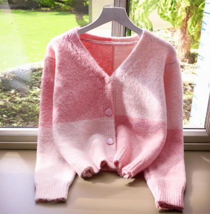 Pink V-neck Contrasting Sweater Jacket Short Women's Knitted Cardigan YM2377