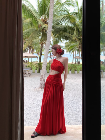 Off-shoulder Sleeveless Red With Hollow Slit A-line  Long Holiday Dress Vacation Dress YM2110