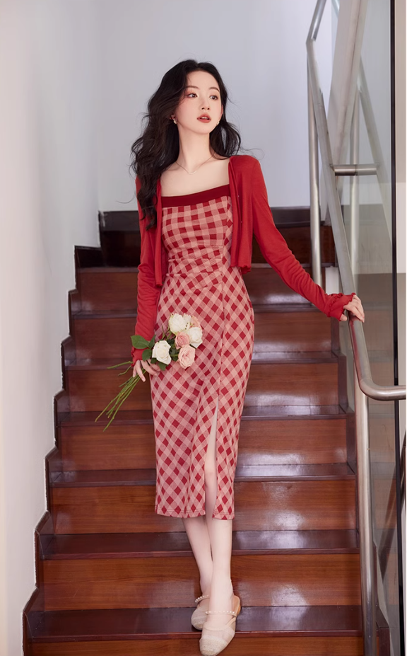 Retro Romantic Red Suspender Plaid Dress Party Dress YM1678