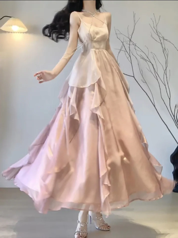 Beautiful Spaghetti Straps Ombre Pink Chiffon Prom Dress Long Evening Gown YM1729